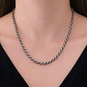 Vintage Twisted Rope Chain Necklace Silver Tone Black 29” Long Unisex